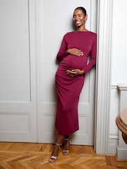 JoJo Maman Bébé Burgundy Red Long Sleeve Draped Maternity Midi Dress - Image 2 of 5