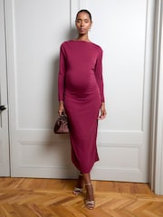 JoJo Maman Bébé Burgundy Red Long Sleeve Draped Maternity Midi Dress - Image 3 of 5