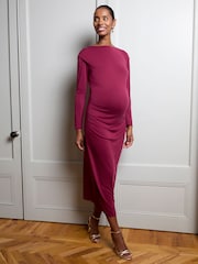 JoJo Maman Bébé Burgundy Red Long Sleeve Draped Maternity Midi Dress - Image 4 of 5