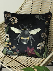 Evans Lichfield Black Multicolour Midnight Garden Bee Piped Velvet Cushion - Image 1 of 6