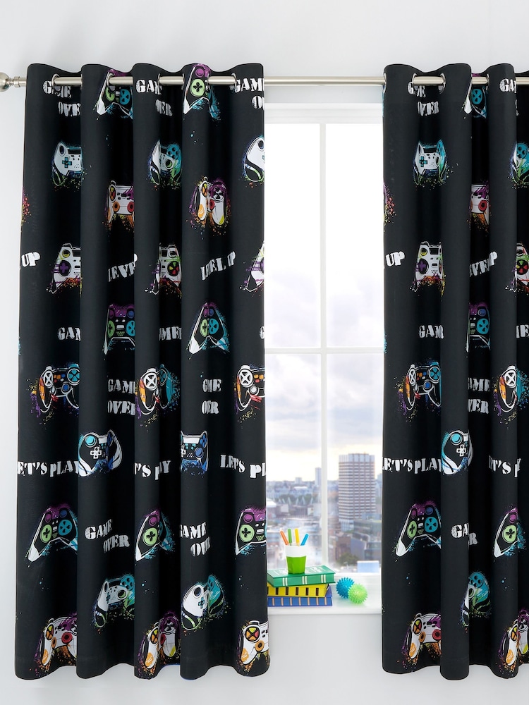 Catherine Lansfield Black Game Over Eyelet Curtains - Image 2 of 4