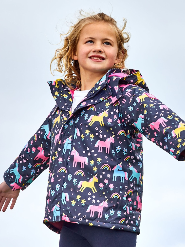 JoJo Maman Bébé Navy Blue Unicorn Cosy Waterproof Jacket - Image 1 of 7
