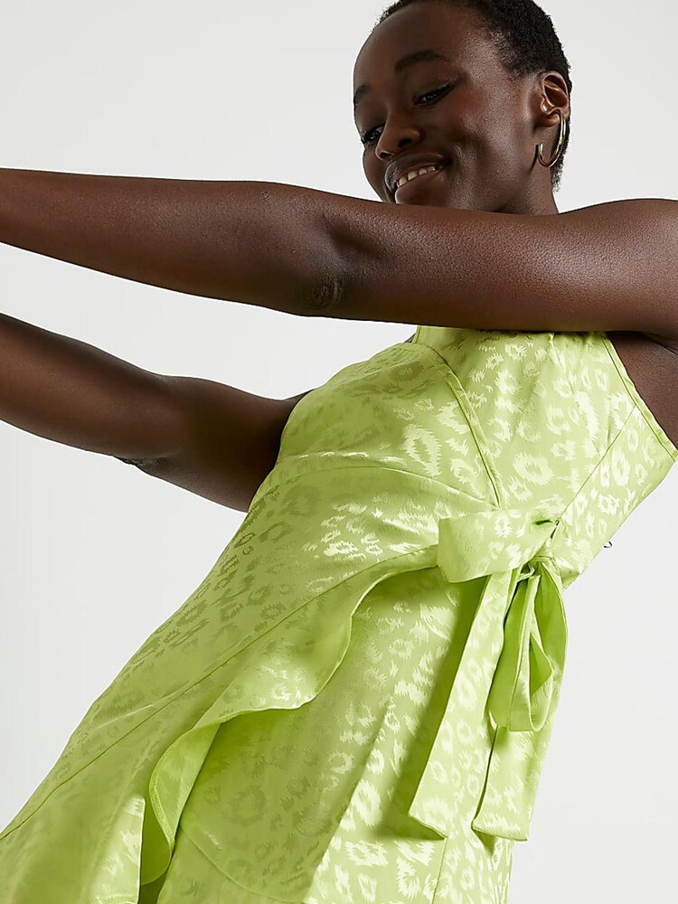 River Island Lime Green 100% Cotton Asymmetric Wrap Slip Mini Dress - Image 4 of 4 River Island Lime Green 100% Cotton Asymmetric Wrap Slip Mini Dress - Image 4 of 4