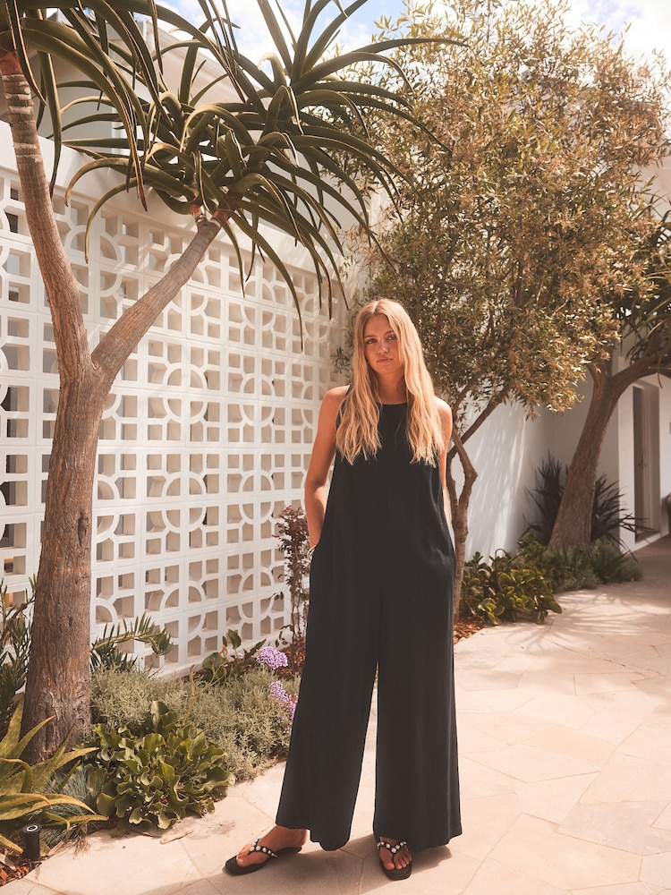 Black 100% Cotton Sleeveless Jumpsuit - Image 1 of 6