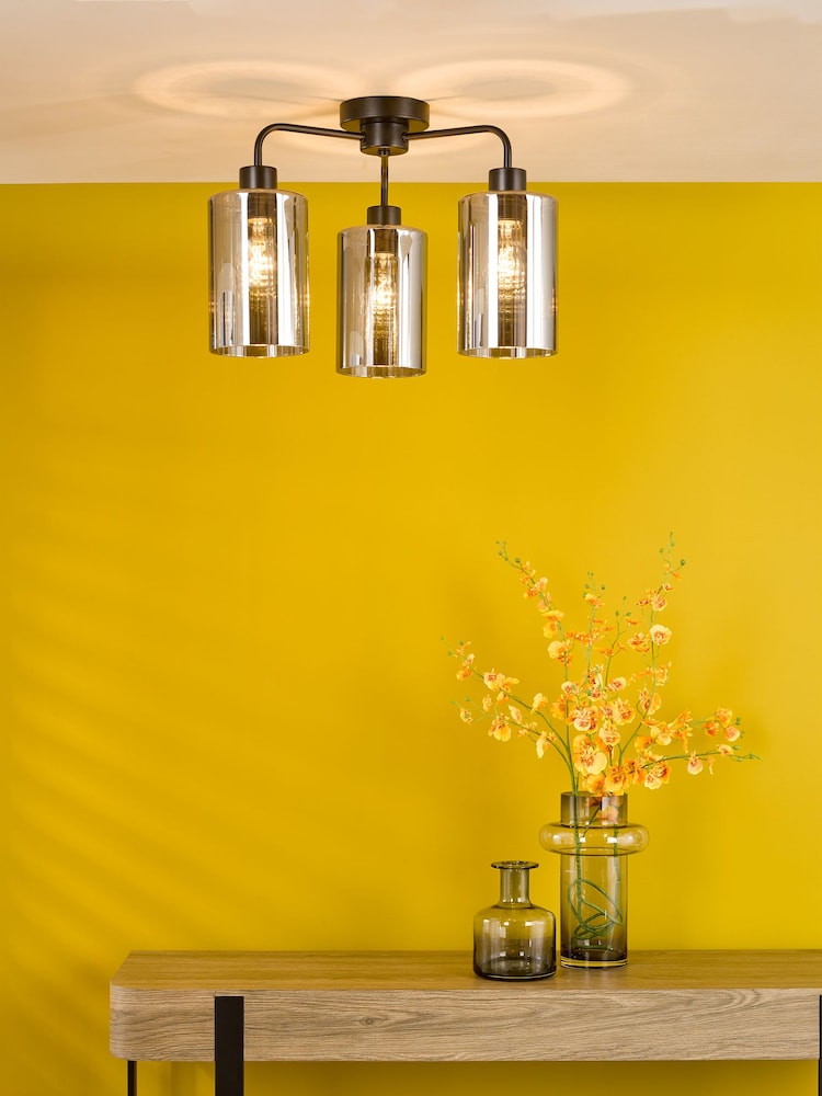 Dar Lighting Satin Black & Smoked Ribbed Glass Daylin 3lt Semi Flush - Image 1 of 6