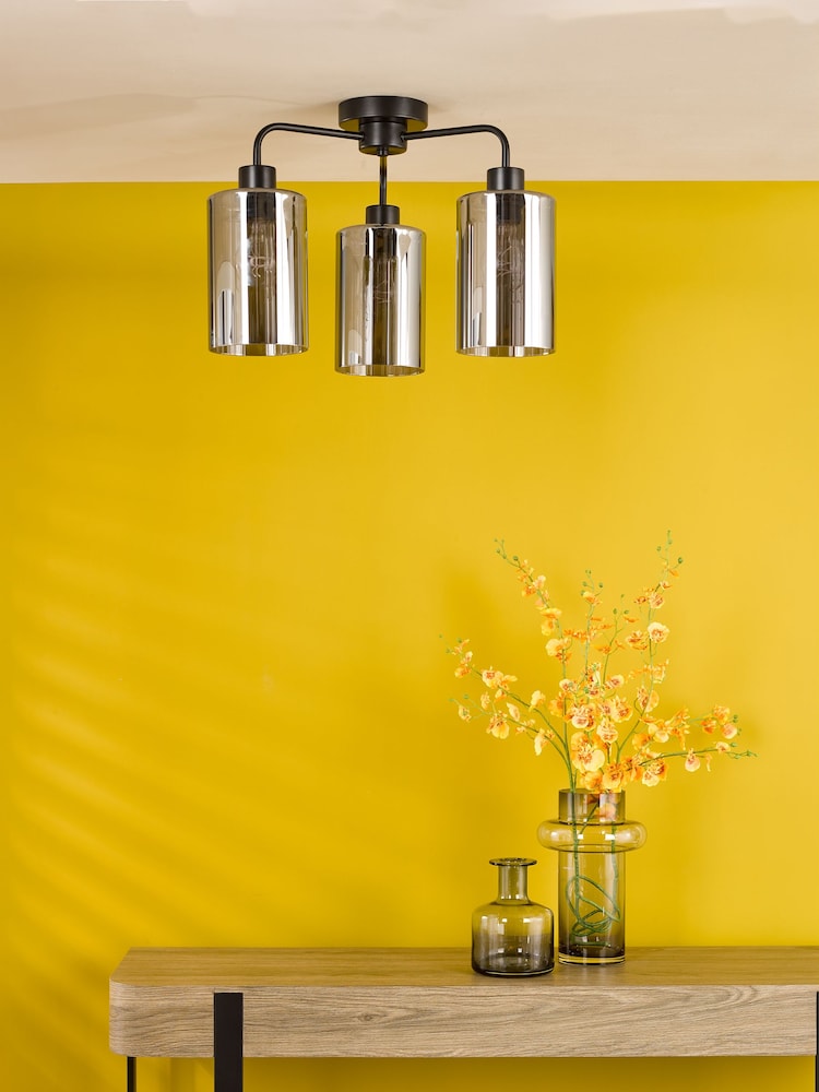 Dar Lighting Satin Black & Smoked Ribbed Glass Daylin 3lt Semi Flush - Image 2 of 6