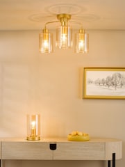 Dar Lighting Satin Gold & Amber Ribbed Glass Daylin 3lt Semi Flush Ceiling Light - Image 1 of 6