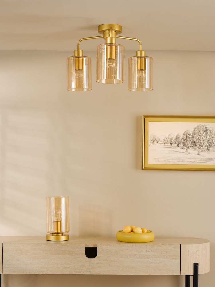 Dar Lighting Satin Gold & Amber Ribbed Glass Daylin 3lt Semi Flush Ceiling Light - Image 2 of 6