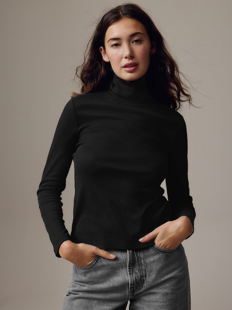 Black Long Sleeve Ribbed Roll Neck Top - Image 1 of 6