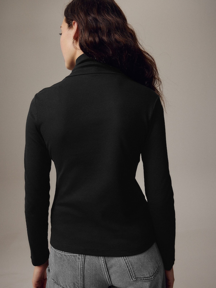 Black Long Sleeve Ribbed Roll Neck Top - Image 2 of 6