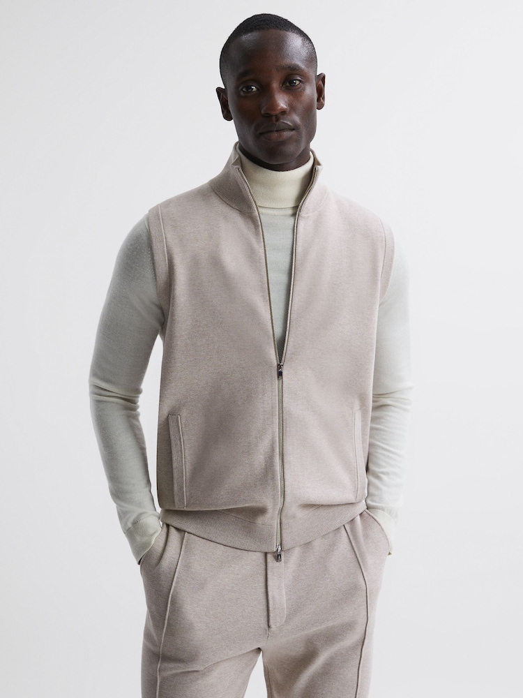 Reiss Oatmeal Melange Bristol Knitted Sleeveless Zip-Through Vest - Image 1 of 4
