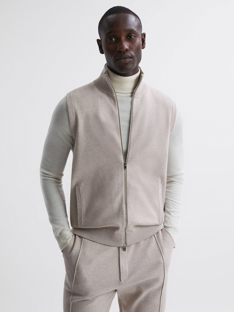 Reiss Oatmeal Melange Bristol Knitted Sleeveless Zip-Through Vest - Image 1 of 4 Reiss Oatmeal Melange Bristol Knitted Sleeveless Zip-Through Vest - Image 1 of 4