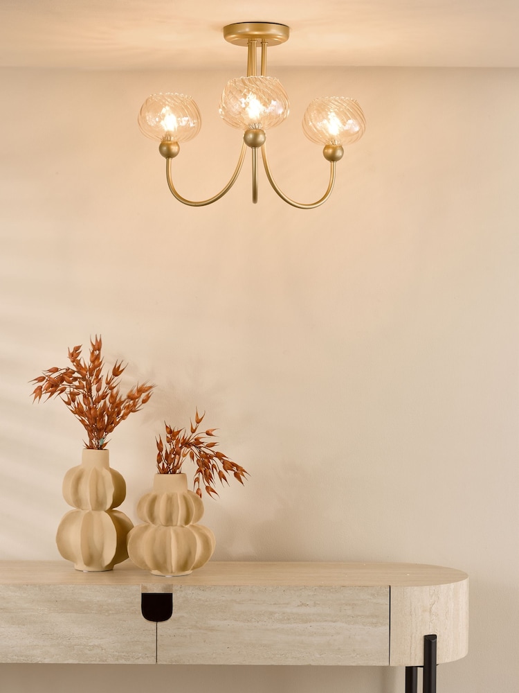 Dar Lighting Satin Gold & Champagne Ribbed Glass Cognac 3lt Semi Flush - Image 1 of 6