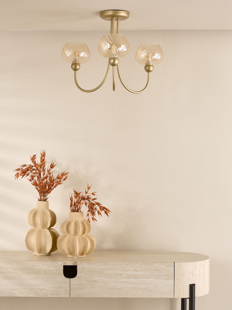 Dar Lighting Satin Gold & Champagne Ribbed Glass Cognac 3lt Semi Flush - Image 2 of 6