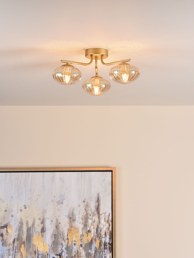 Dar Lighting Satin Gold & Amber Glass Ede 3lt Semi Flush Ceiling Light - Image 1 of 6