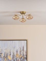 Dar Lighting Satin Gold & Amber Glass Ede 3lt Semi Flush Ceiling Light - Image 2 of 6