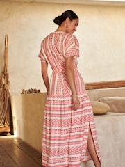 Weiß, pink: - Besticktes Midikleid im Kaftan-Stil - Bild 4 von 5