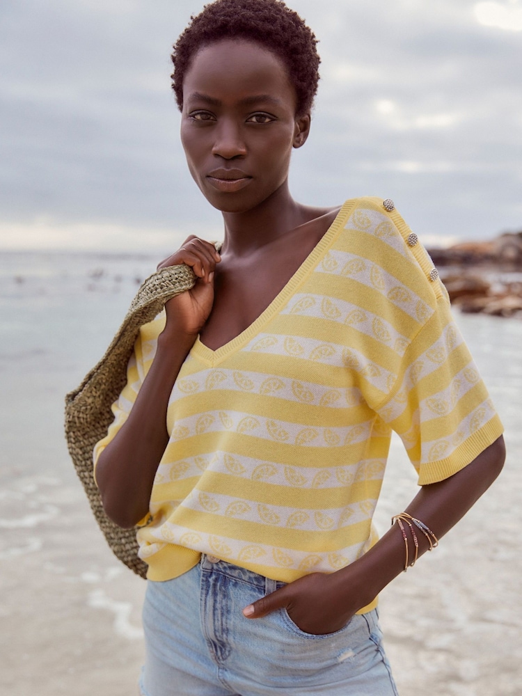 Yellow Lemons V-Neck Gem Button Linen T-Shirt - Image 1 of 7