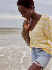 Yellow Lemons V-Neck Gem Button Linen T-Shirt - Image 2 of 7