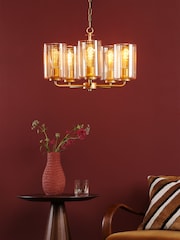 Dar Lighting Satin Gold & Amber Ribbed Glass Daylin 5lt Pendant - Image 1 of 6