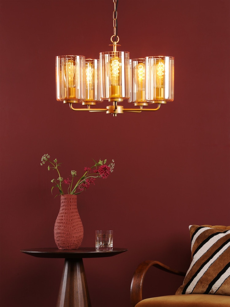 Dar Lighting Satin Gold & Amber Ribbed Glass Daylin 5lt Pendant - Image 1 of 6 Dar Lighting Satin Gold & Amber Ribbed Glass Daylin 5lt Pendant - Image 1 of 6