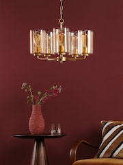 Dar Lighting Satin Gold & Amber Ribbed Glass Daylin 5lt Pendant - Image 2 of 6