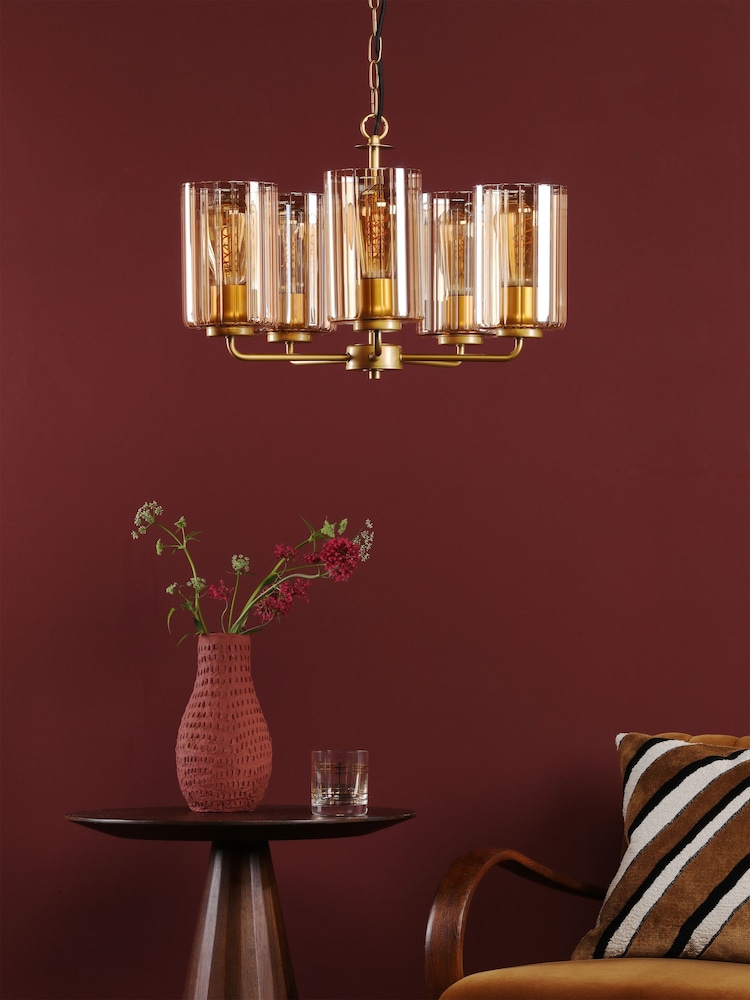 Dar Lighting Satin Gold & Amber Ribbed Glass Daylin 5lt Pendant - Image 2 of 6 Dar Lighting Satin Gold & Amber Ribbed Glass Daylin 5lt Pendant - Image 2 of 6