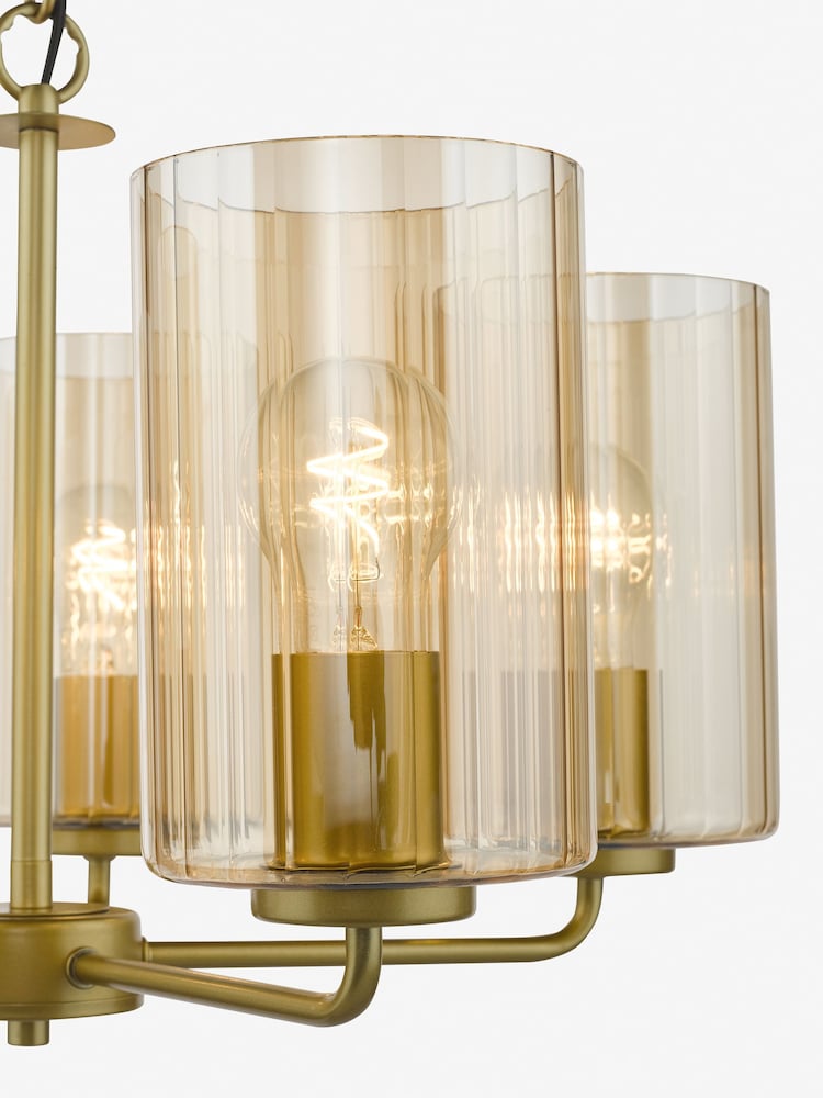 Dar Lighting Satin Gold & Amber Ribbed Glass Daylin 5lt Pendant - Image 6 of 6 Dar Lighting Satin Gold & Amber Ribbed Glass Daylin 5lt Pendant - Image 6 of 6