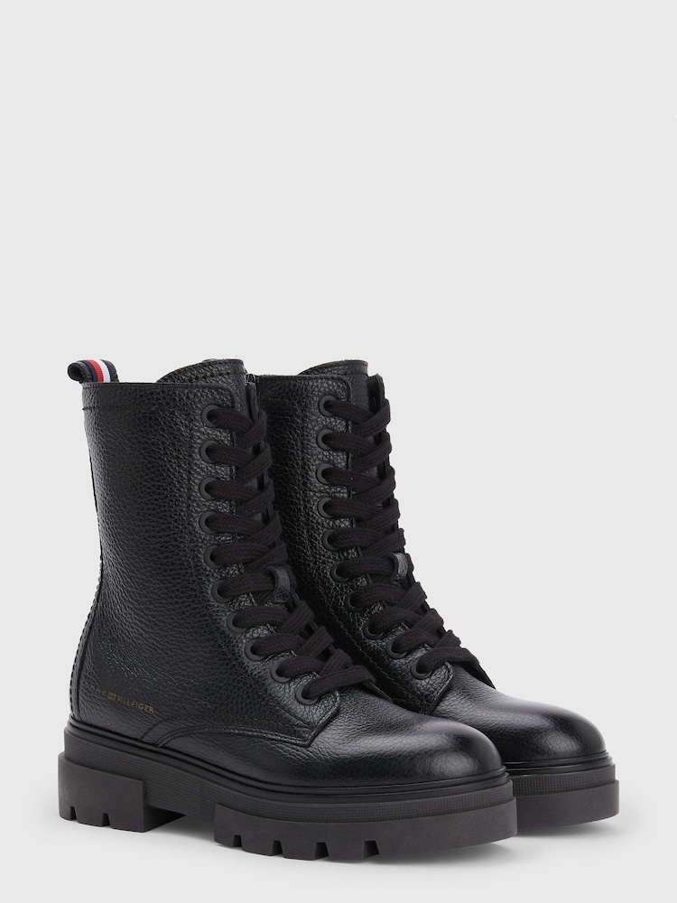 Tommy Hilfiger Black  Monochromatic Lace Up Boots - Image 1 of 5