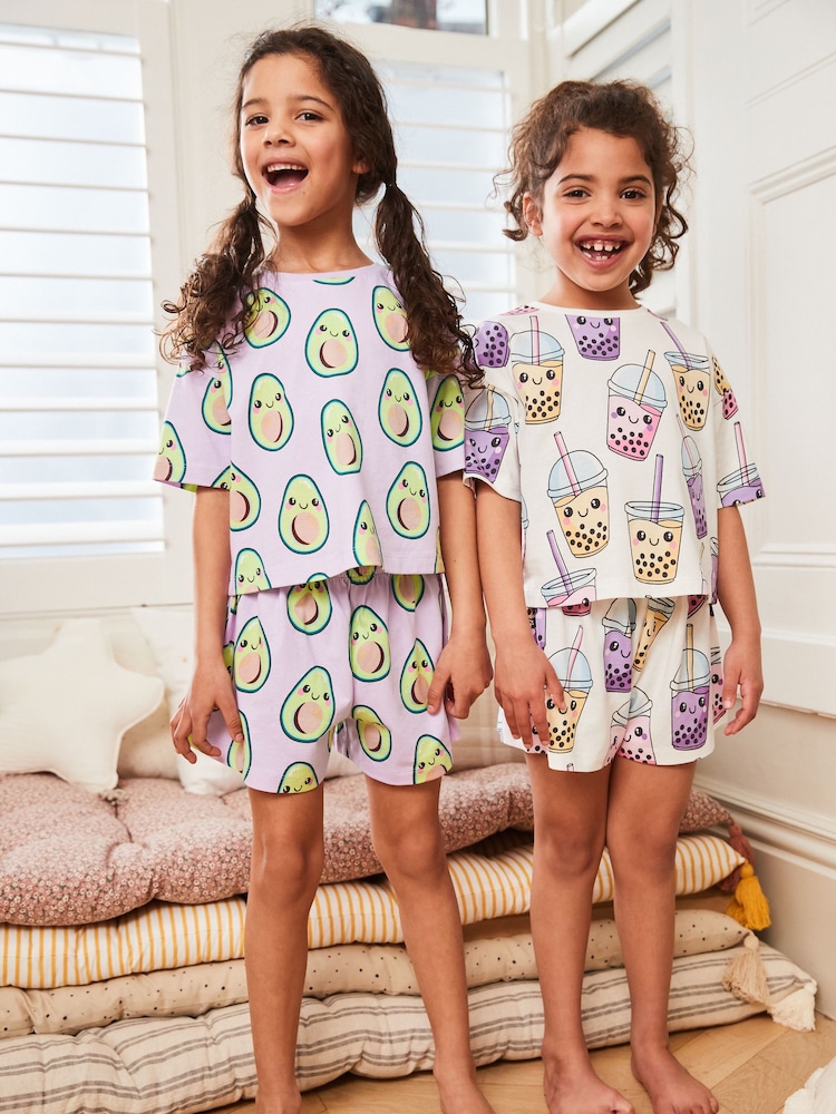 Lilac Purple/Cream Avocado/Bubble Tea Character 2 Pack Short Pyjamas (3-16yrs) - Image 1 of 6