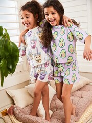 Lilac Purple/Cream Avocado/Bubble Tea Character 2 Pack Short Pyjamas (3-16yrs) - Image 2 of 6