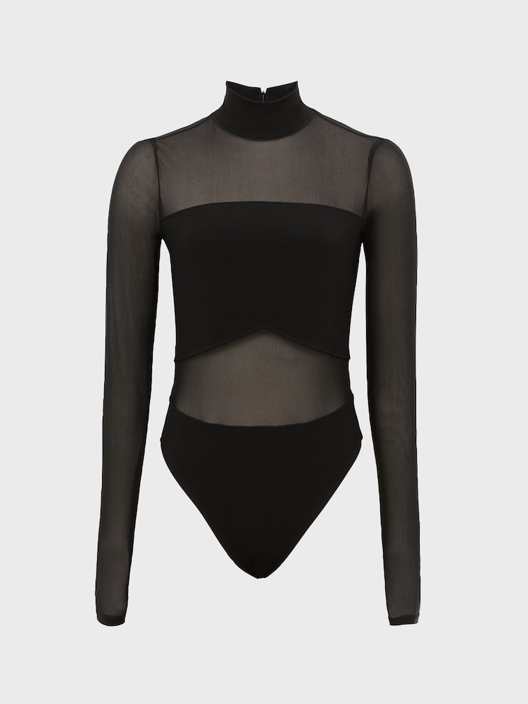 Reiss Black Myla Mesh Panel Bodysuit - Image 2 of 7
