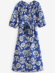 Blue Floral 100% Cotton Midi Shirt Dress - Image 5 of 5
