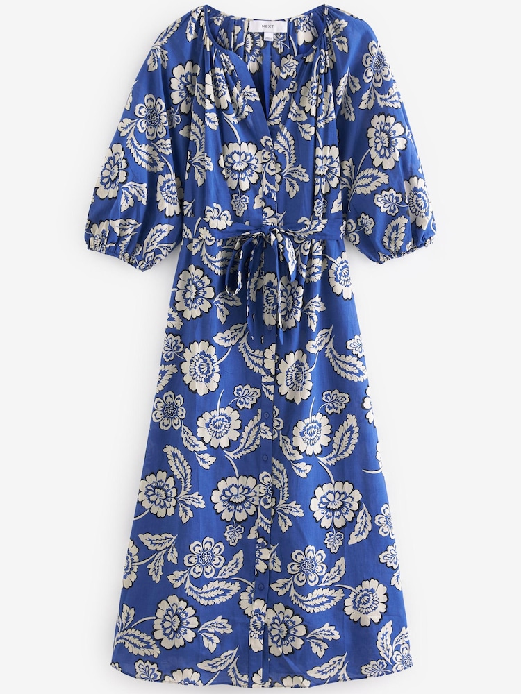 Blue Floral 100% Cotton Midi Shirt Dress - Image 5 of 5