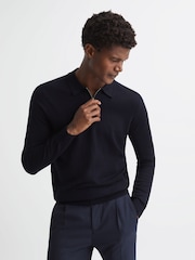 Reiss Navy Robertson Wool Zip Neck Polo Shirt - Image 1 of 7