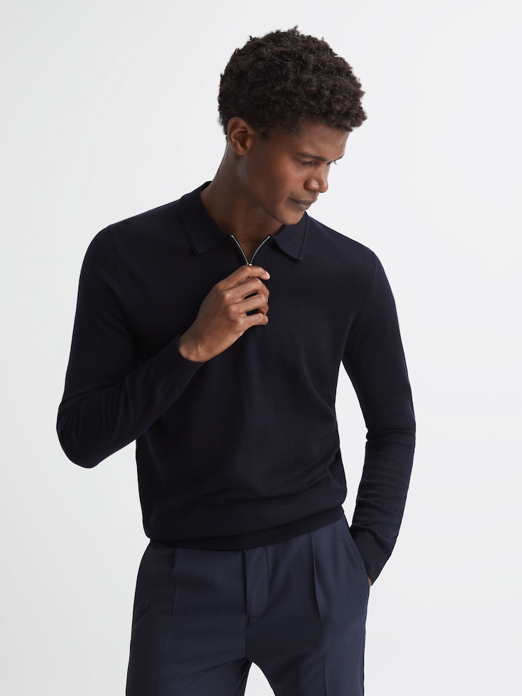 Reiss Navy Robertson Wool Zip Neck Polo Shirt - Image 1 of 7