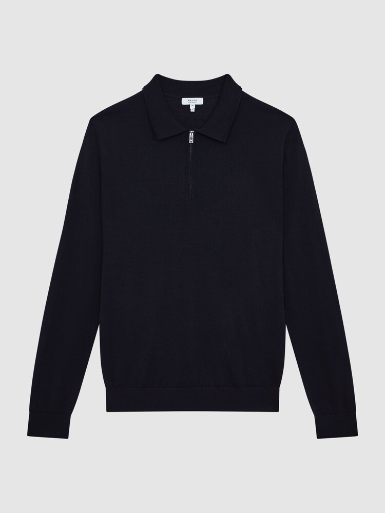 Reiss Navy Robertson Wool Zip Neck Polo Shirt - Image 2 of 7 Reiss Navy Robertson Wool Zip Neck Polo Shirt - Image 2 of 7