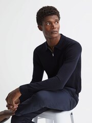 Reiss Navy Robertson Wool Zip Neck Polo Shirt - Image 4 of 7