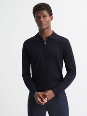 Reiss Navy Robertson Wool Zip Neck Polo Shirt - Image 6 of 7