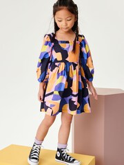 Vijolična - Square Neck Printed Volume Sleeve Dress (3-16yrs) - Slika 1 iz 7