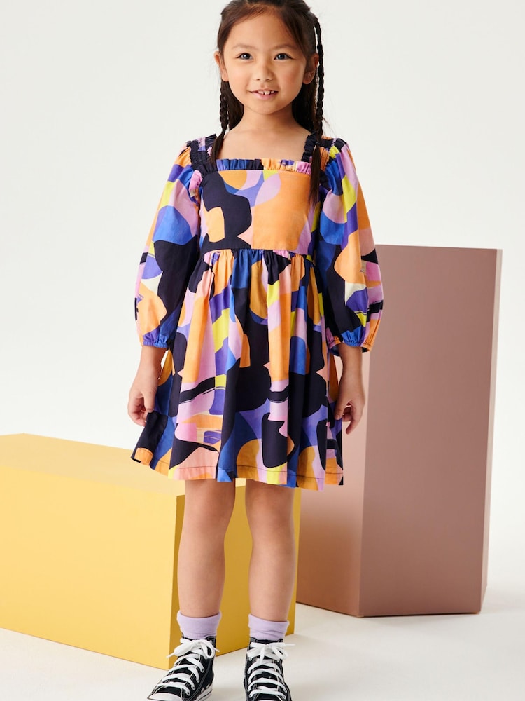 Vijolična - Square Neck Printed Volume Sleeve Dress (3-16yrs) - Slika 2 iz 7