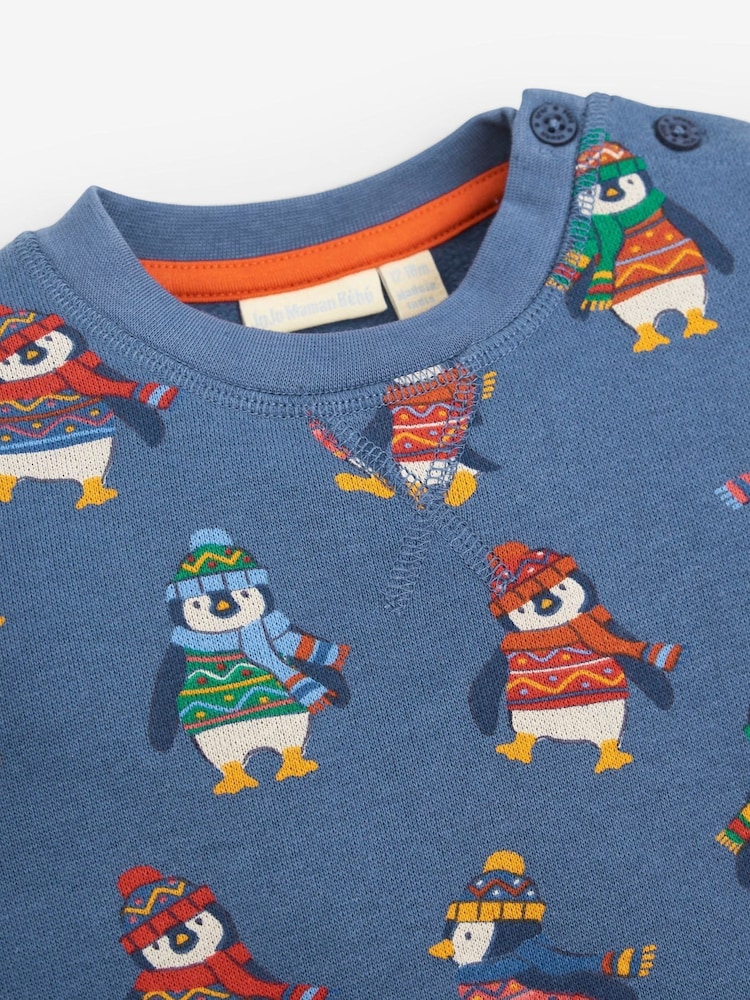 JoJo Maman Bébé Blue Penguin Print Sweatshirt - Image 2 of 2