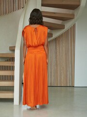 Rochelle Orange Satin Pleated Midi Skirt - Image 2 of 4