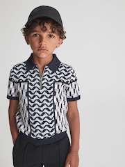 Reiss Blue Egon Junior Half Zip Geometric Polo T-Shirt - Image 1 of 7