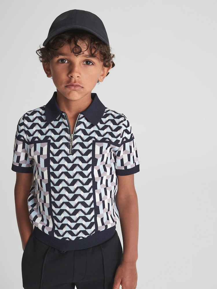 Reiss Blue Egon Junior Half Zip Geometric Polo T-Shirt - Image 1 of 7