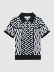Reiss Blue Egon Junior Half Zip Geometric Polo T-Shirt - Image 2 of 7