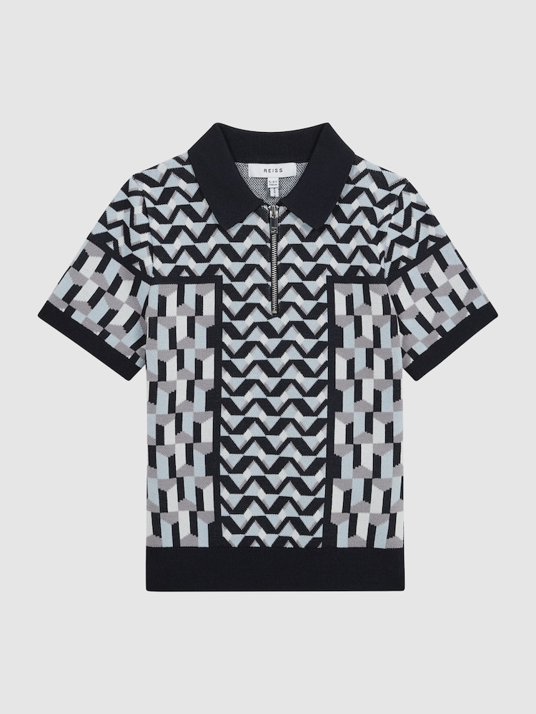 Reiss Blue Egon Junior Half Zip Geometric Polo T-Shirt - Image 2 of 7