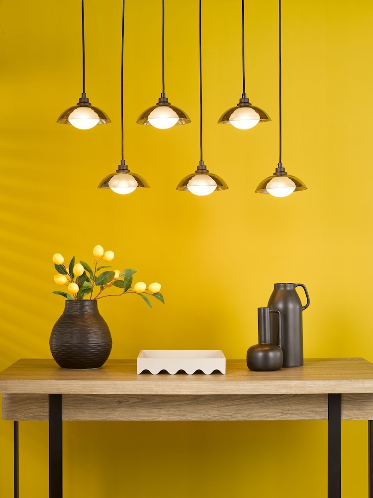 Dar Lighting Satin Black & Smoked Glass Kadience 6lt Bar Pendant - Image 1 of 6 Dar Lighting Satin Black & Smoked Glass Kadience 6lt Bar Pendant - Image 1 of 6