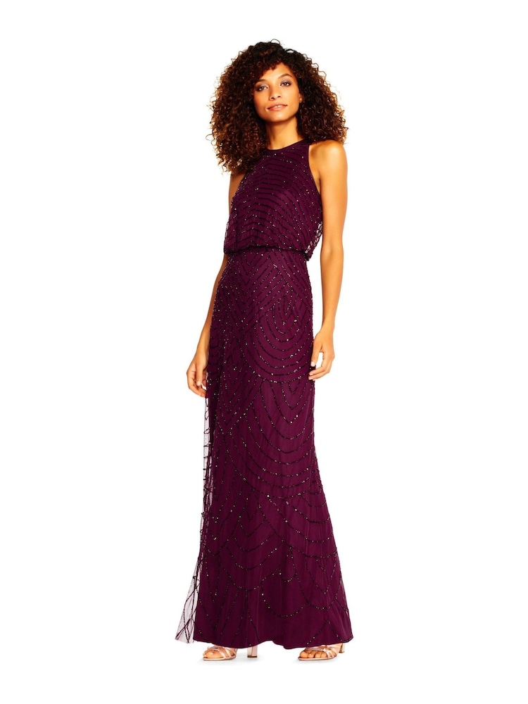 Adrianna Papell Red Beaded Halter Gown - Image 1 of 4