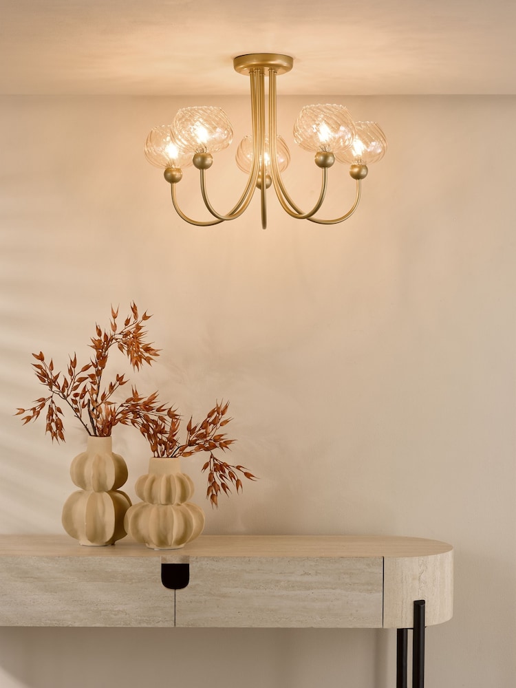 Dar Lighting Satin Gold & Champagne Ribbed Glass Cognac 5lt Semi Flush - Image 1 of 6